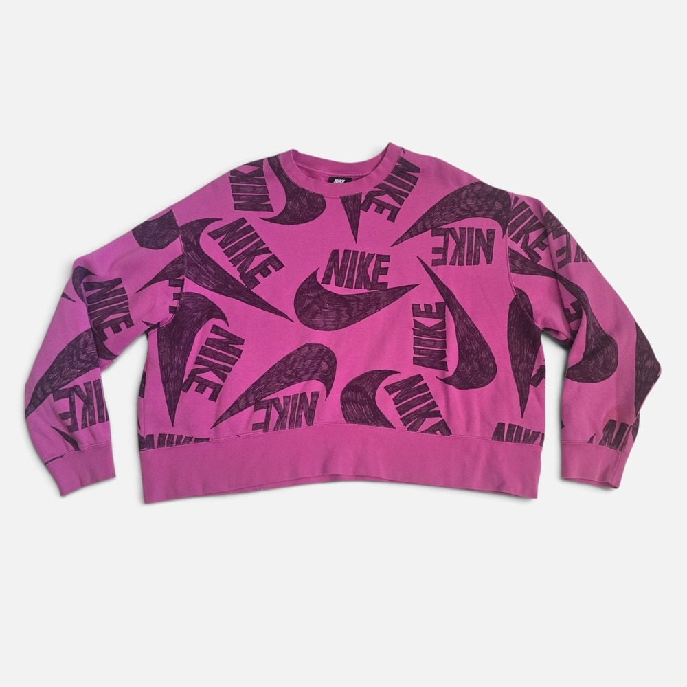 Nike Pink Iconic Clash Sweatshirt Scribble Swoosh Logo Cropped Pullover Fleece